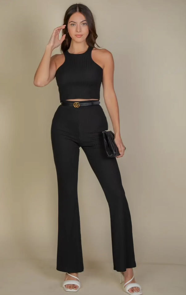 Karime Black or Pink Ribbed Crop Top/ Bootcut Pant Set