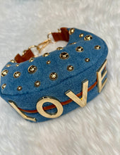 Load image into Gallery viewer, "D" Inspired "LOVE" crescent shaped Gold Studded Vegan Leather  Bag