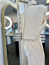 Load image into Gallery viewer, Deidra Striped Button-Down Linen Blend Light Taupe or Light Blue Jumpsuit