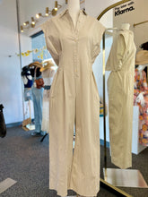Load image into Gallery viewer, Deidra Striped Button-Down Linen Blend Light Taupe or Light Blue Jumpsuit