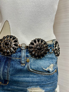 Sara Black, Coral or White Flower Adjustable Silver Belt