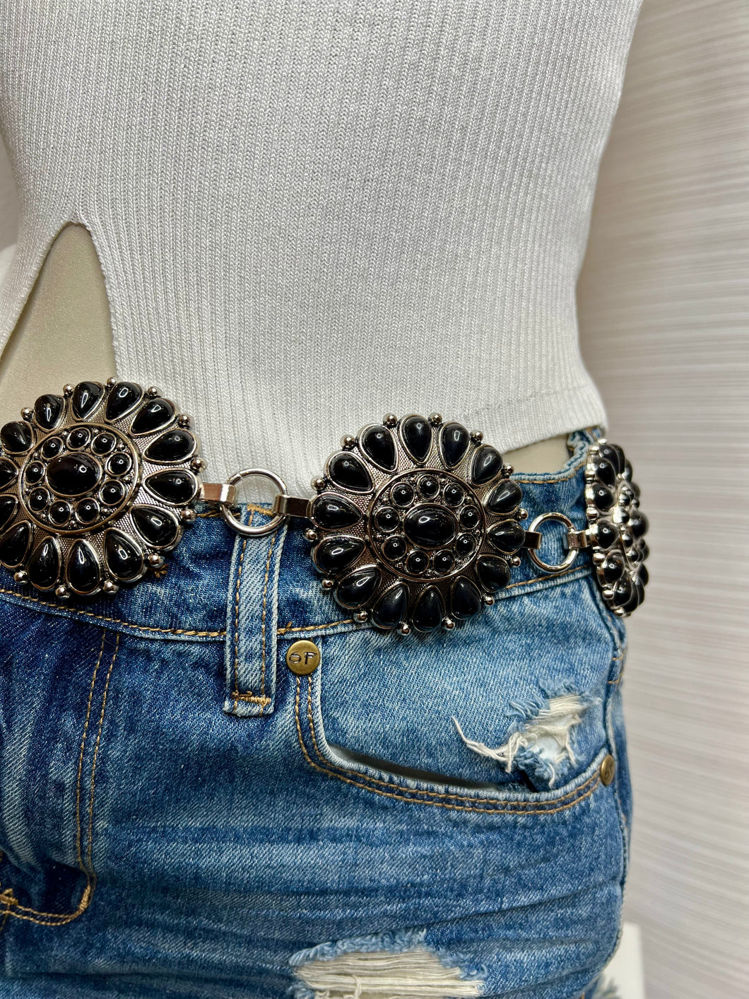 Sara Black, Coral or White Flower Adjustable Silver Belt
