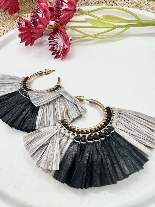 Estela Black and Gray Raffia C-Shape Earrings