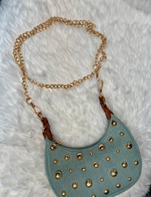Load image into Gallery viewer, "D" Inspired "LOVE" crescent shaped Gold Studded Vegan Leather  Bag