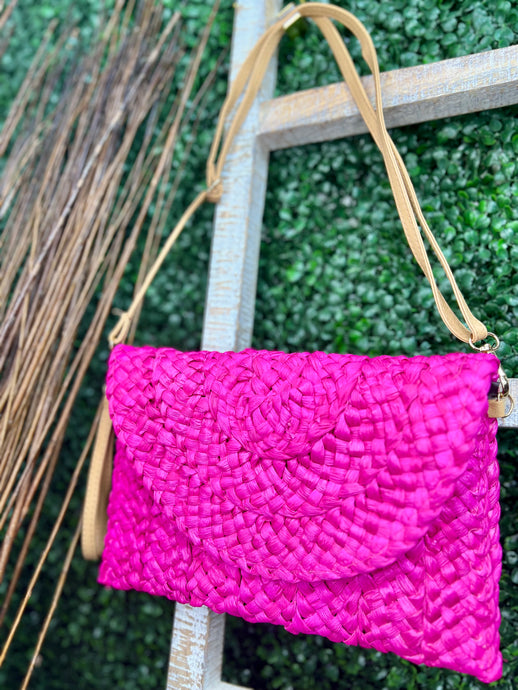 Evelyn Emerald Green Or Fushia Raffia Woven Clutch or Crossbody Bag