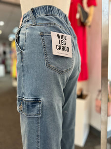 Sondra Wide Leg Light Wash Denim Cargo Jeans