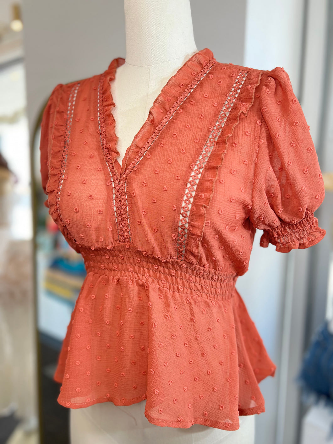 Clearance**p Clay Ruffle Sleeved Flowy Waistline and Sleeves Top