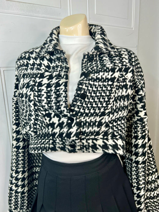 Karina Black and White Houndstooth Knit Cropped Jacket