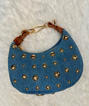 Load image into Gallery viewer, "D" Inspired "LOVE" crescent shaped Gold Studded Vegan Leather  Bag