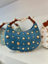 Load image into Gallery viewer, "D" Inspired "LOVE" crescent shaped Gold Studded Vegan Leather  Bag