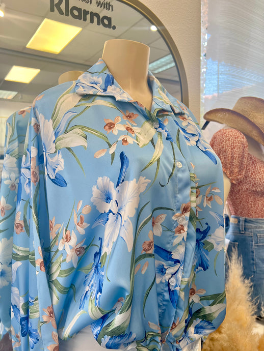 Mirna Sky Blue Floral Print Long Sleeve Blouse Plus Size