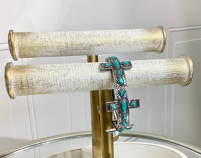 Nikkie Turquoise and Silver Cross Design Adjustable Bracelet