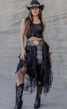 Load image into Gallery viewer, Lizz Embellished Mesh Panel Midi-Skirt Black with Faux Black Pearls