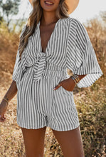 Load image into Gallery viewer, Lisa Gray 3/4 Wide Kimono Sleeves Tie Front Striped Romper with Pocket