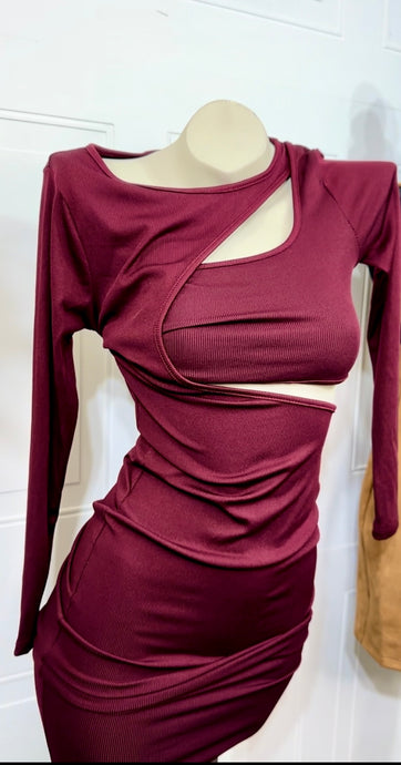 Alexia Burgundy Asymmetrical Long Sleeve Cut Out Dress