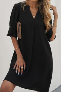 Carolina Black Flowy V Neck Dress