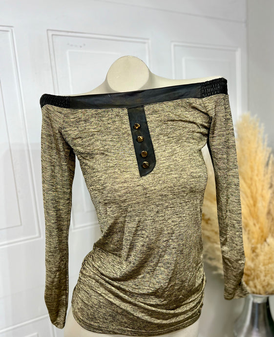 *CLEARANCE* Claire Clearance Gold Pu Leather Rushed Sides Long Sleeve Top