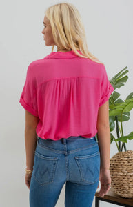 Samantha Fuchsia or Olive Fold Sleeve Button Down Top