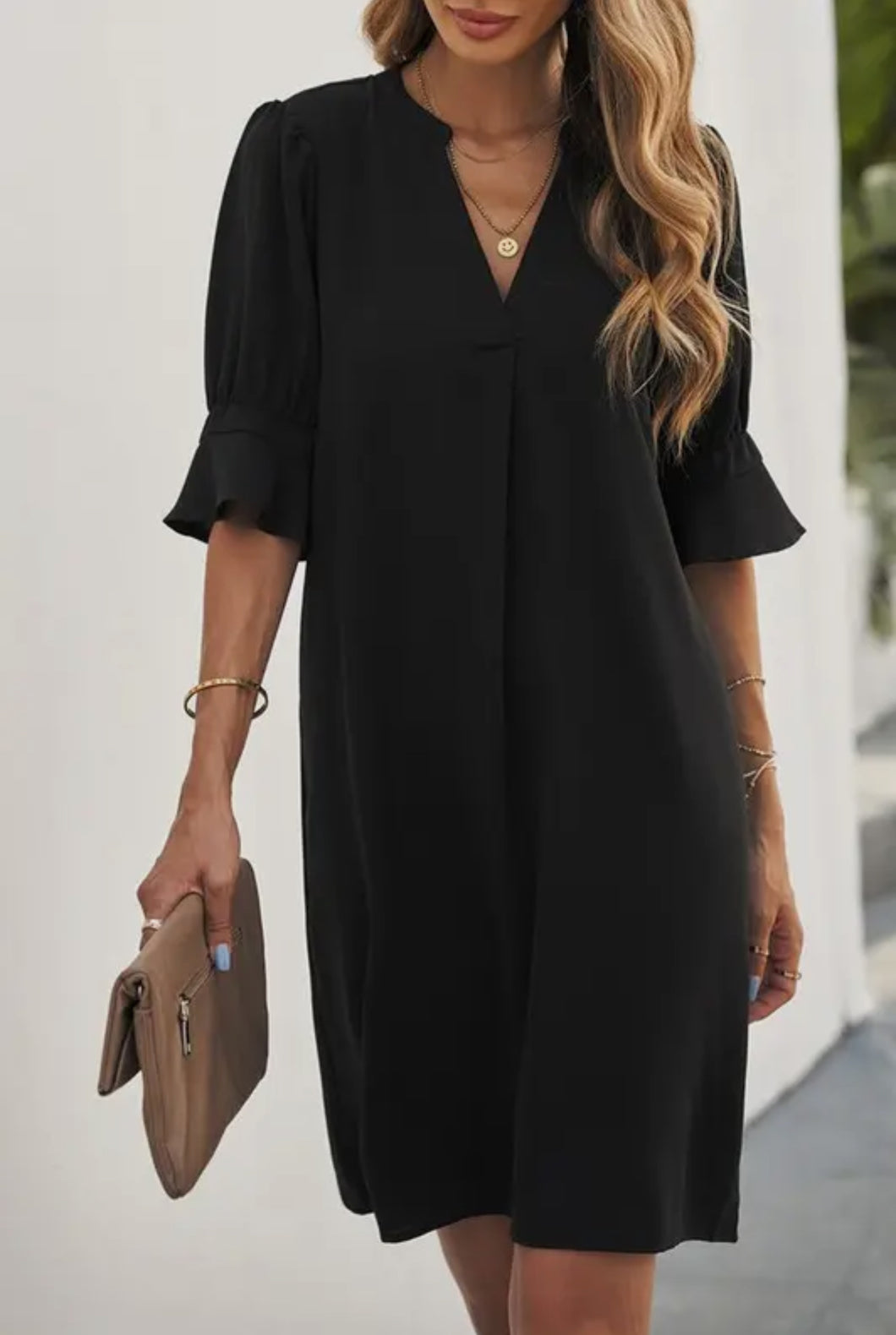 Carolina Black Flowy V Neck Dress