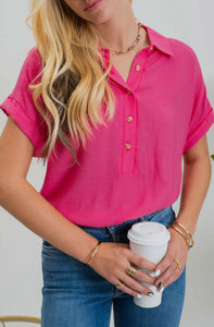 Samantha Fuchsia or Olive Fold Sleeve Button Down Top