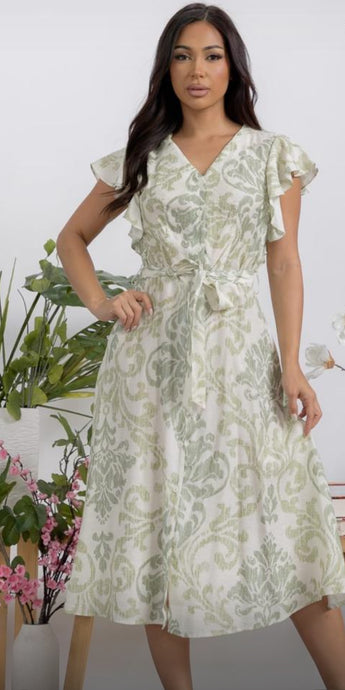 Felicia Flutter Sleeve Leaf Print Button Down Midi Dress
