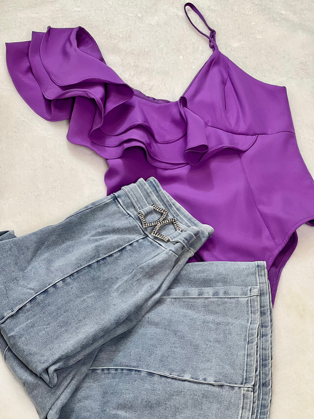 Red, Lilac Asymmetrical Ruffle Bodysuit