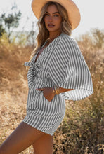 Load image into Gallery viewer, Lisa Gray 3/4 Wide Kimono Sleeves Tie Front Striped Romper with Pocket