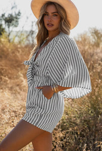 Lisa Gray 3/4 Wide Kimono Sleeves Tie Front Striped Romper with Pocket