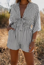 Load image into Gallery viewer, Lisa Gray 3/4 Wide Kimono Sleeves Tie Front Striped Romper with Pocket