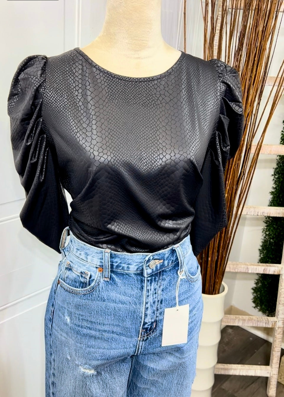 Connie Black Snake Print Leather Top