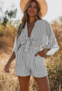 Lisa Gray 3/4 Wide Kimono Sleeves Tie Front Striped Romper with Pocket