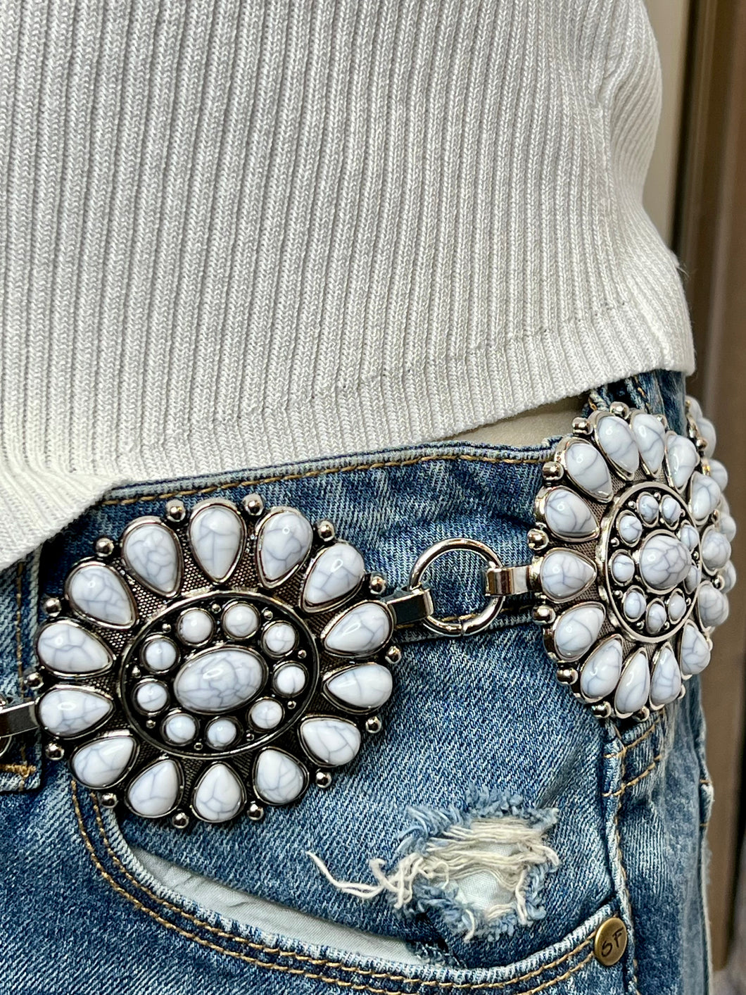 Sara Black, Coral or White Flower Adjustable Silver Belt