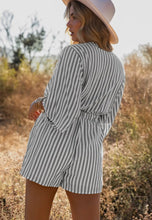 Load image into Gallery viewer, Lisa Gray 3/4 Wide Kimono Sleeves Tie Front Striped Romper with Pocket