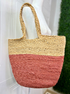 Cameron Tan and Green Straw Tote Bag