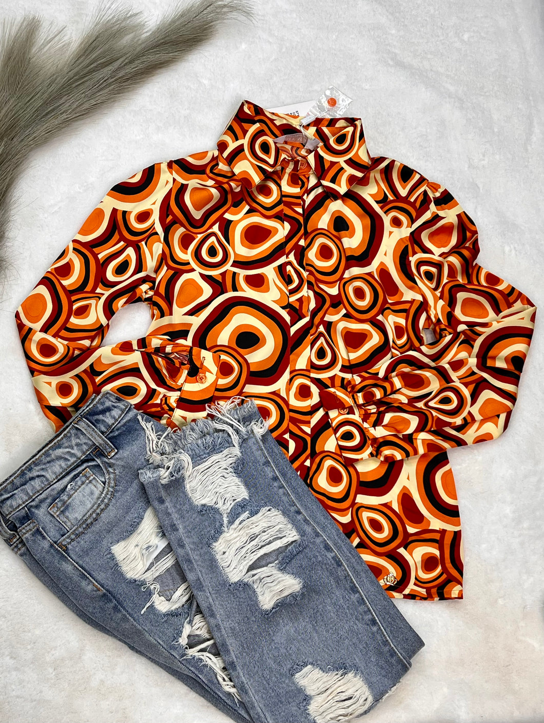 Brown/Orange Abstract Colorful Button up Collard Top