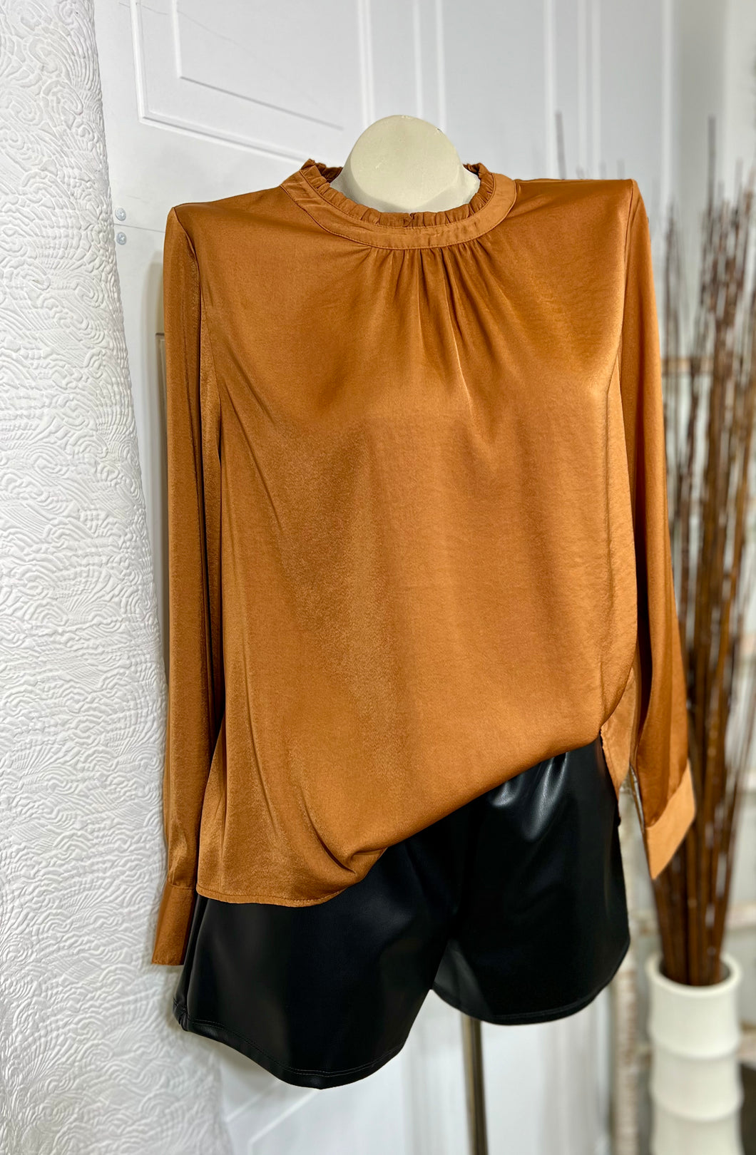 Vanessa Camel or Black Satin Long Sleeve Top