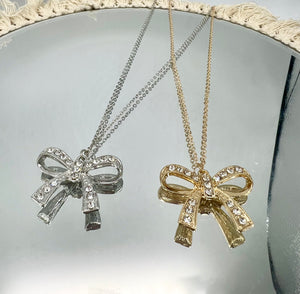 Gold or Silver Bow Design Rhinestone Necklace