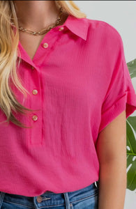 Samantha Fuchsia or Olive Fold Sleeve Button Down Top