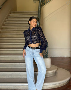 Lexy Navy or Copper Lae Cropped Button Up Collared Blouse