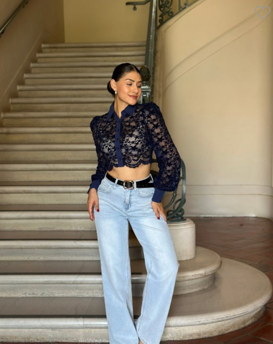 Lexy Navy or Copper Lae Cropped Button Up Collared Blouse