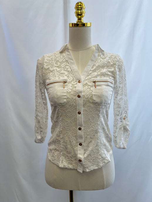 Gianna Sheer Lace Button Up Collared Blouse