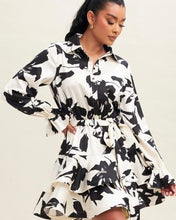 Load image into Gallery viewer, Kenzie Ivory and Black Satin Midi Flowy Dress