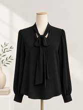 Load image into Gallery viewer, Pearl turquoise or black Long Sleeve Tie Front Blouse