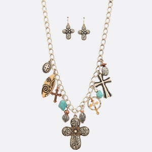 CAMILA Silver Tone Set of Earrings and Necklace Multi Charms