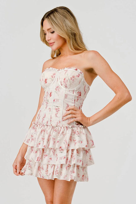Yessenia White/Pink Strapless Corset Floral Midi Dress