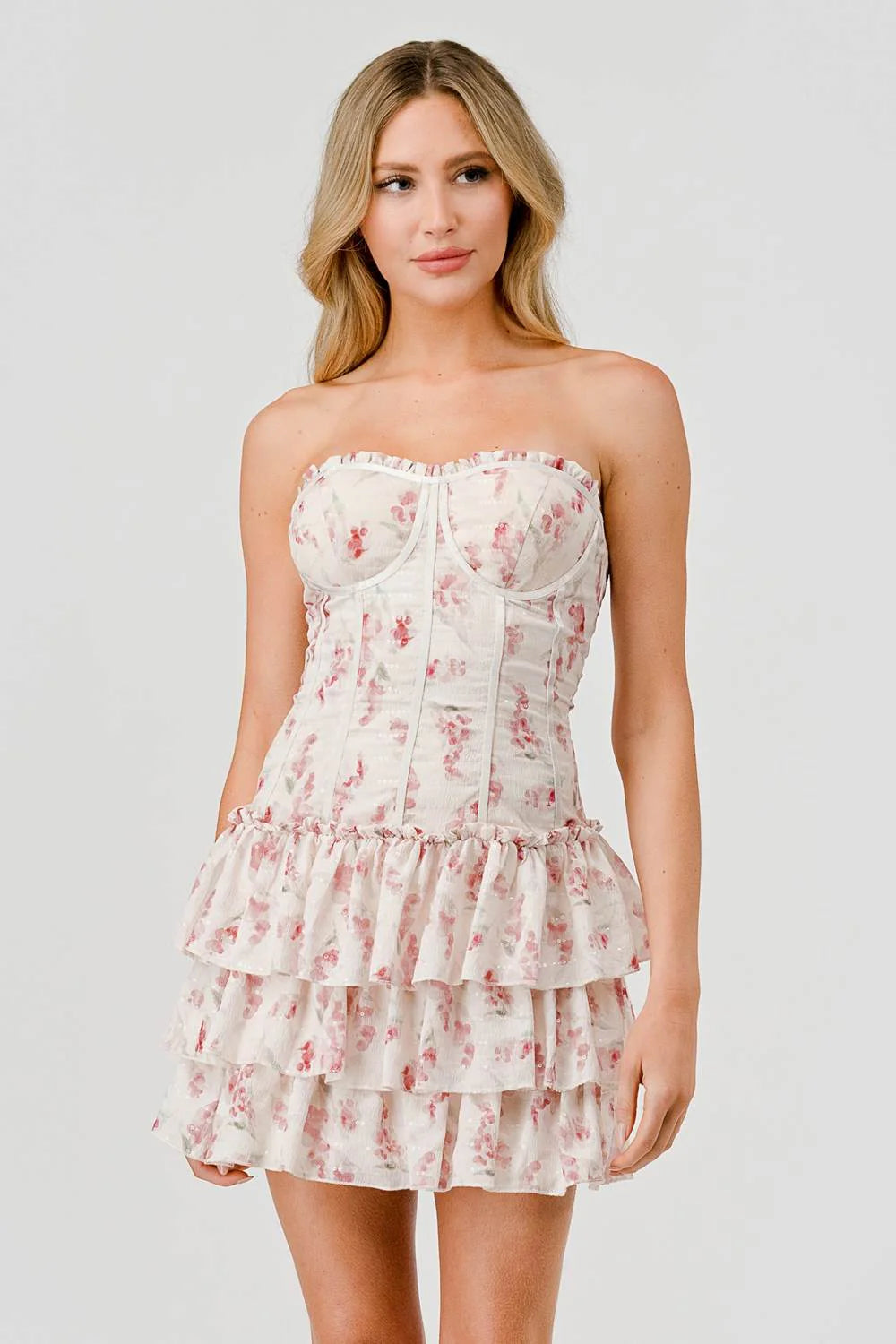 Yessenia White/Pink Strapless Corset Floral Midi Dress