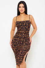 Load image into Gallery viewer, Bianka Leopard Print with Rhinestone pleated Back Shoulder Criss Cross Midi Dress