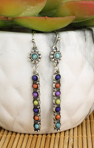 Silver Multi Stone Colorful Bar Dangle Earrings