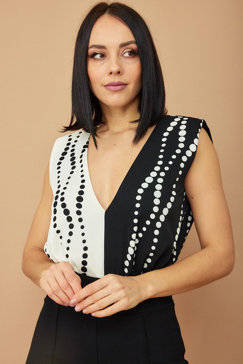 Giuliana Black and White Woven Print Bodysuit