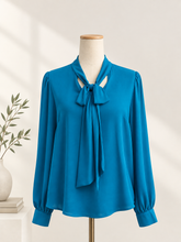 Load image into Gallery viewer, Pearl turquoise or black Long Sleeve Tie Front Blouse
